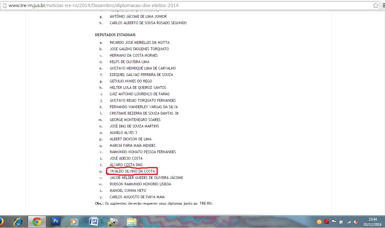 Nome de Vivaldo Costa está na lista de convocados para diplomação de eleitos no Site oficial do TRE/RN